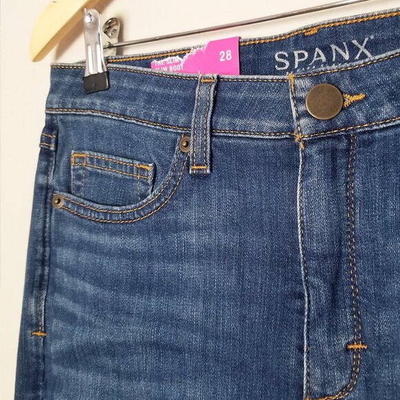 NEW SPANX Women's 28 Slim X Bootcut Jeans Blue Stretch Flare Denim "Hemmed" 27.5 - Picture 13 of 14